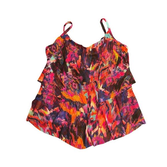 St. Tropez Mesh 3-Tiered Tankini top Swimsuit Pink Multi Size 16 QVC tropical - Picture 2 of 5